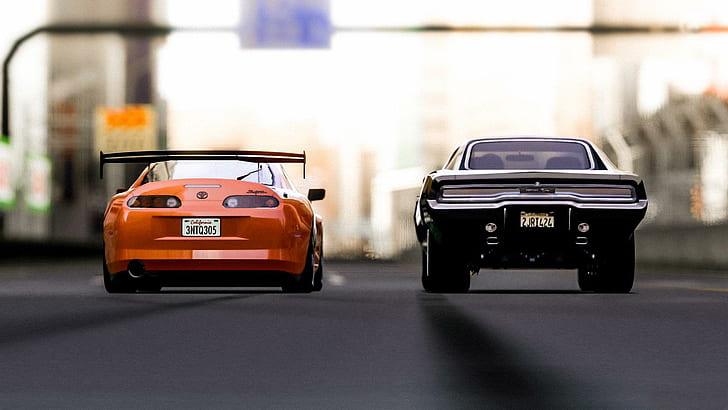 Image of a Toyota Supra and a muscled car in Gran Turismo 7, one of the Top Car Drift Video Games 